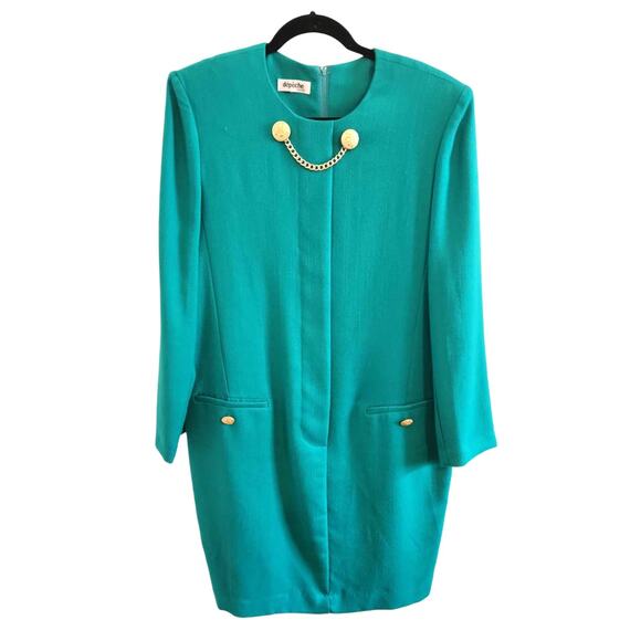 Vintage 1980s Depeche Mode Teal Sheath Dress Gold Button Chain Front Size 10 EUC - Picture 3 of 6
